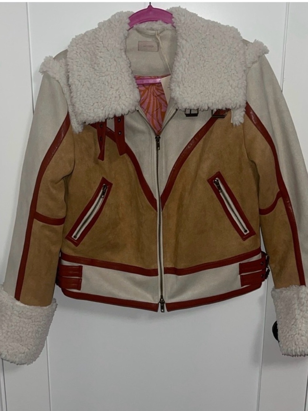 MOTHER Shearling-Trim Bomber Jacket in Cream, Tan & Red